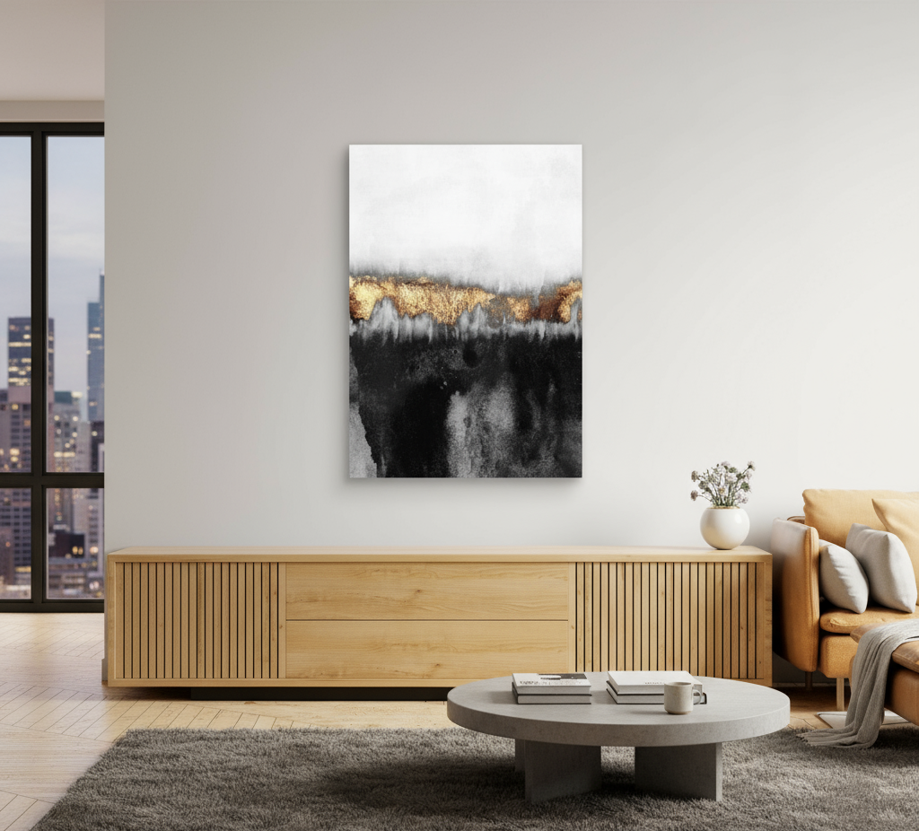 Modern living room with a wooden sideboard, round coffee table, and abstract artwork on the wall.