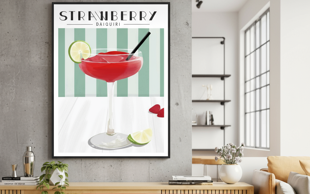 Framed artwork of a strawberry daiquiri on a wall in a living room setting.