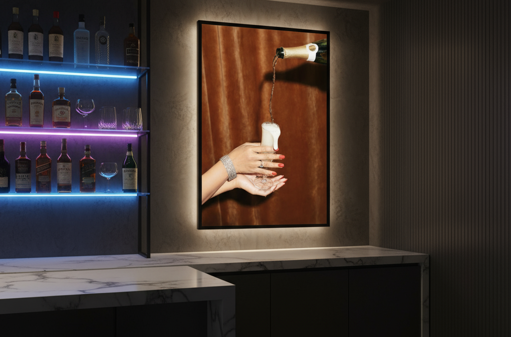 Advertisement for Urban Luxe Homes with a home bar setup and 'Own the Night' promotion.