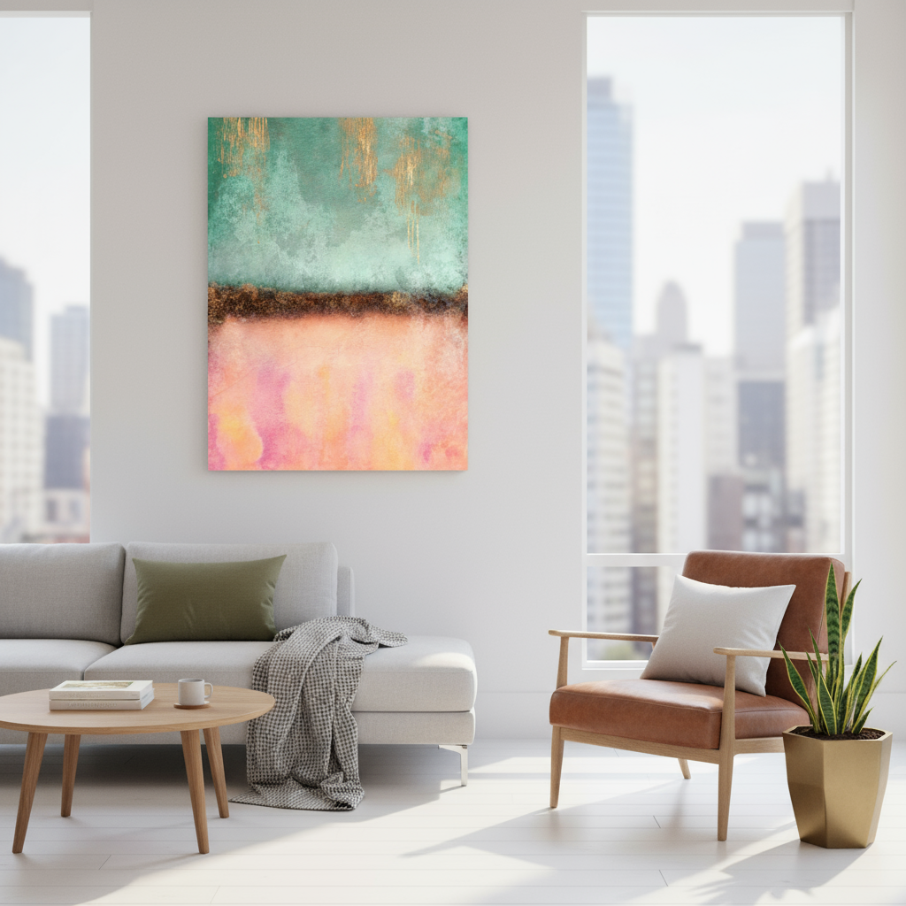 Modern living room with abstract painting, sofa, armchair, and city view.