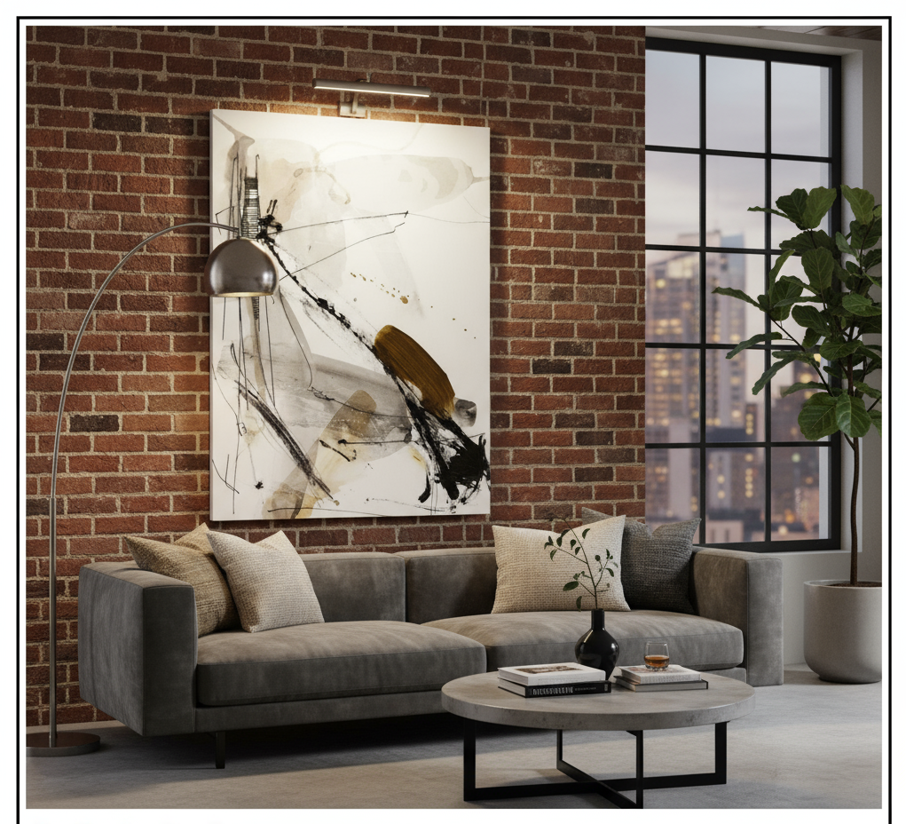 Modern living room with gray sofa, abstract art, and city view