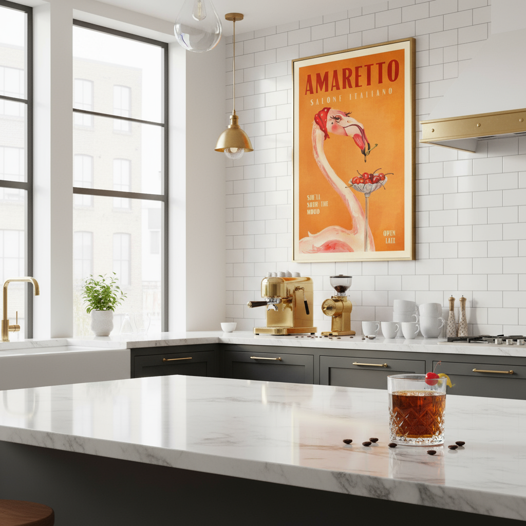 Modern kitchen with a 'Amaretto' print  on the wall, featuring a glass of amaretto and a cocktail umbrella.