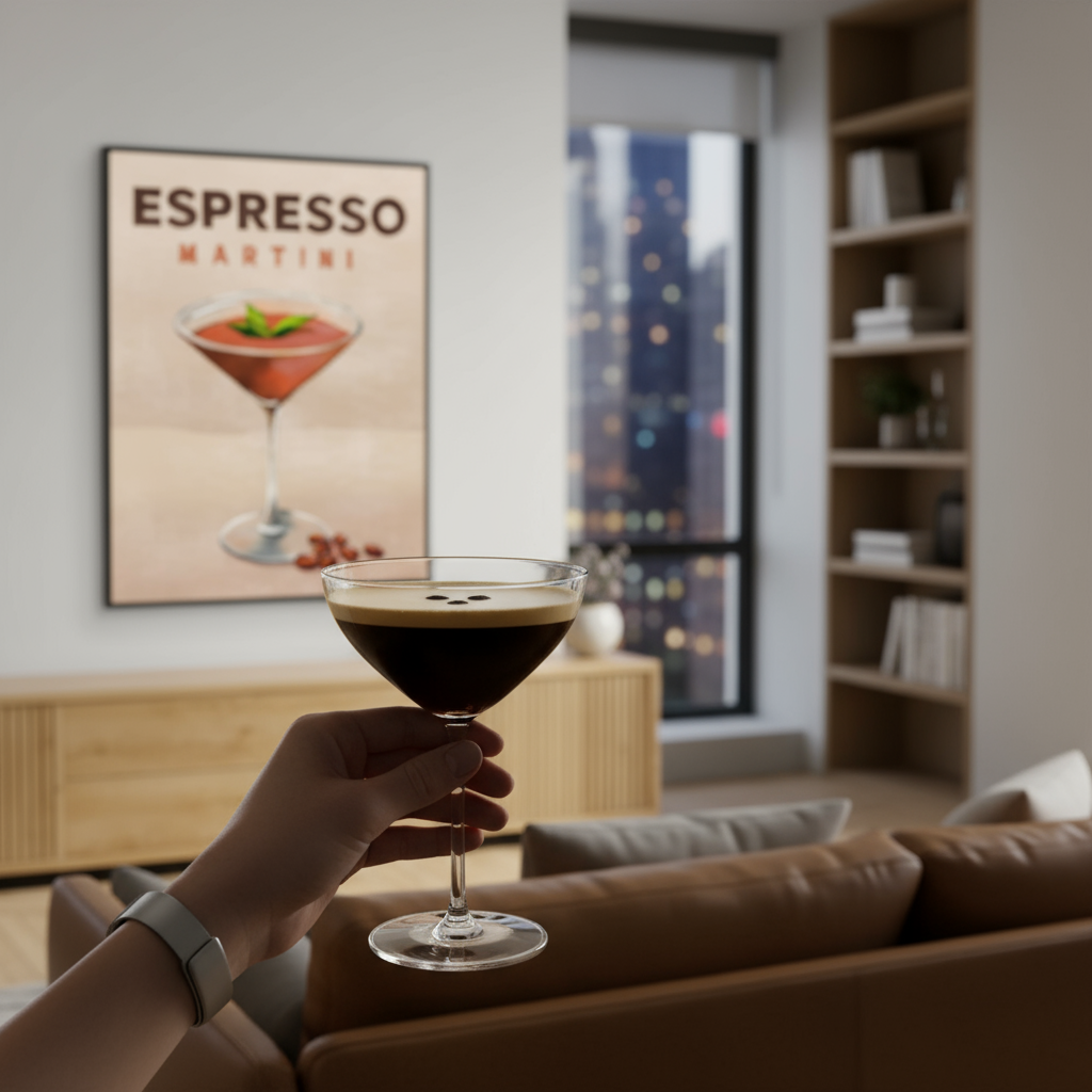 Person holding an espresso martini glass in a cozy living room with a cityscape view.