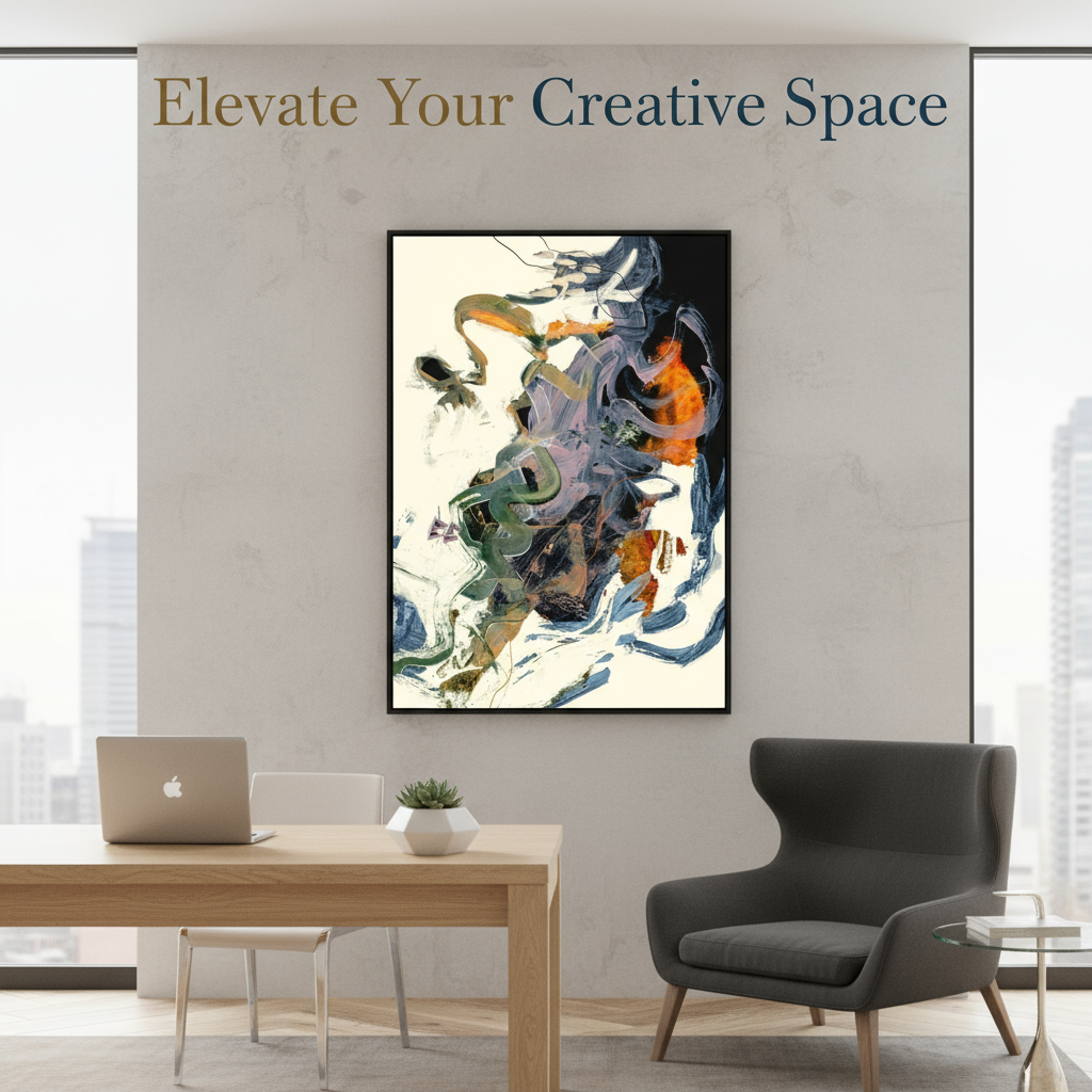 Modern office space with a colourful abstract painting on the wall, text 'Elevate Your Creative Space', desk, chair, and laptop.