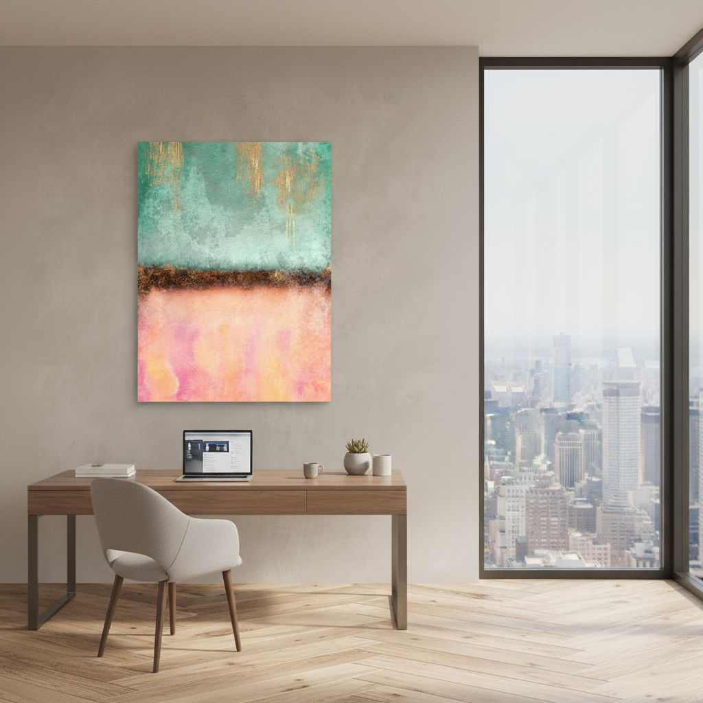 Modern office with a desk, chair, and abstract painting on a wall with a cityscape view.