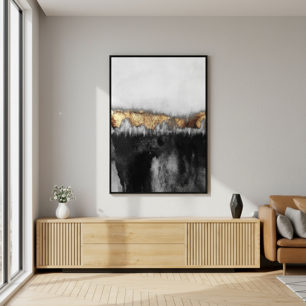 Modern living room with a wooden cabinet, abstract art, and a sofa.