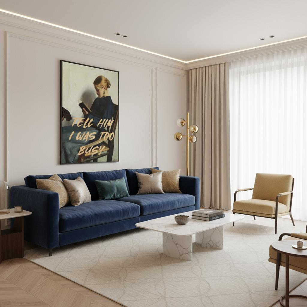 Modern living room with a blue sofa, beige armchair, and decorative elements.