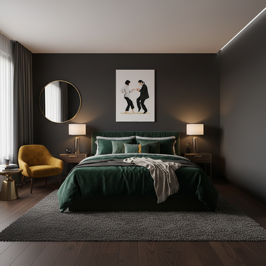 Pulp Fiction canvas art print as bedroom statement piece in contemporary Manchester apartment with dark walls and brass accents
