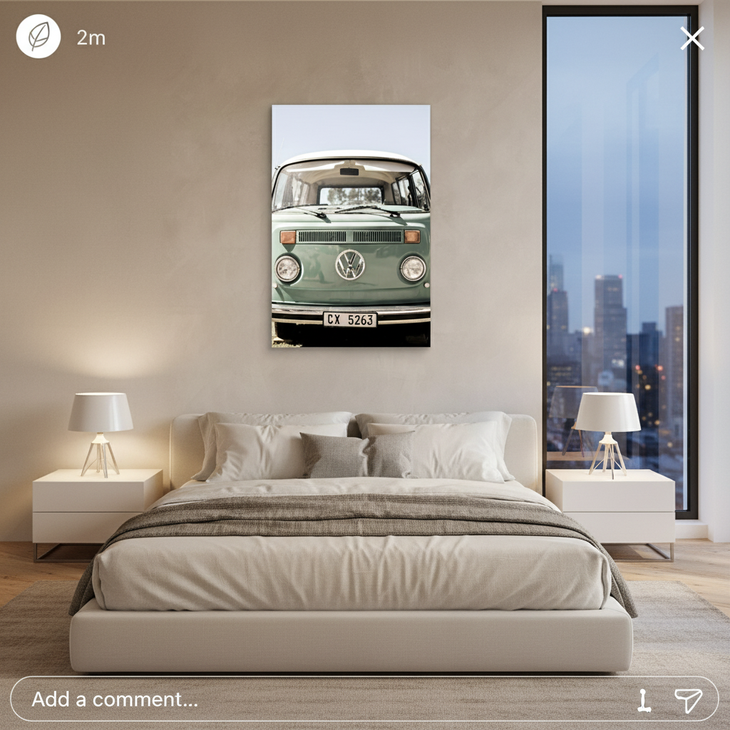 Vw Kombi canvas art print hanging above bed in contemporary urban bedroom with minimalist decor