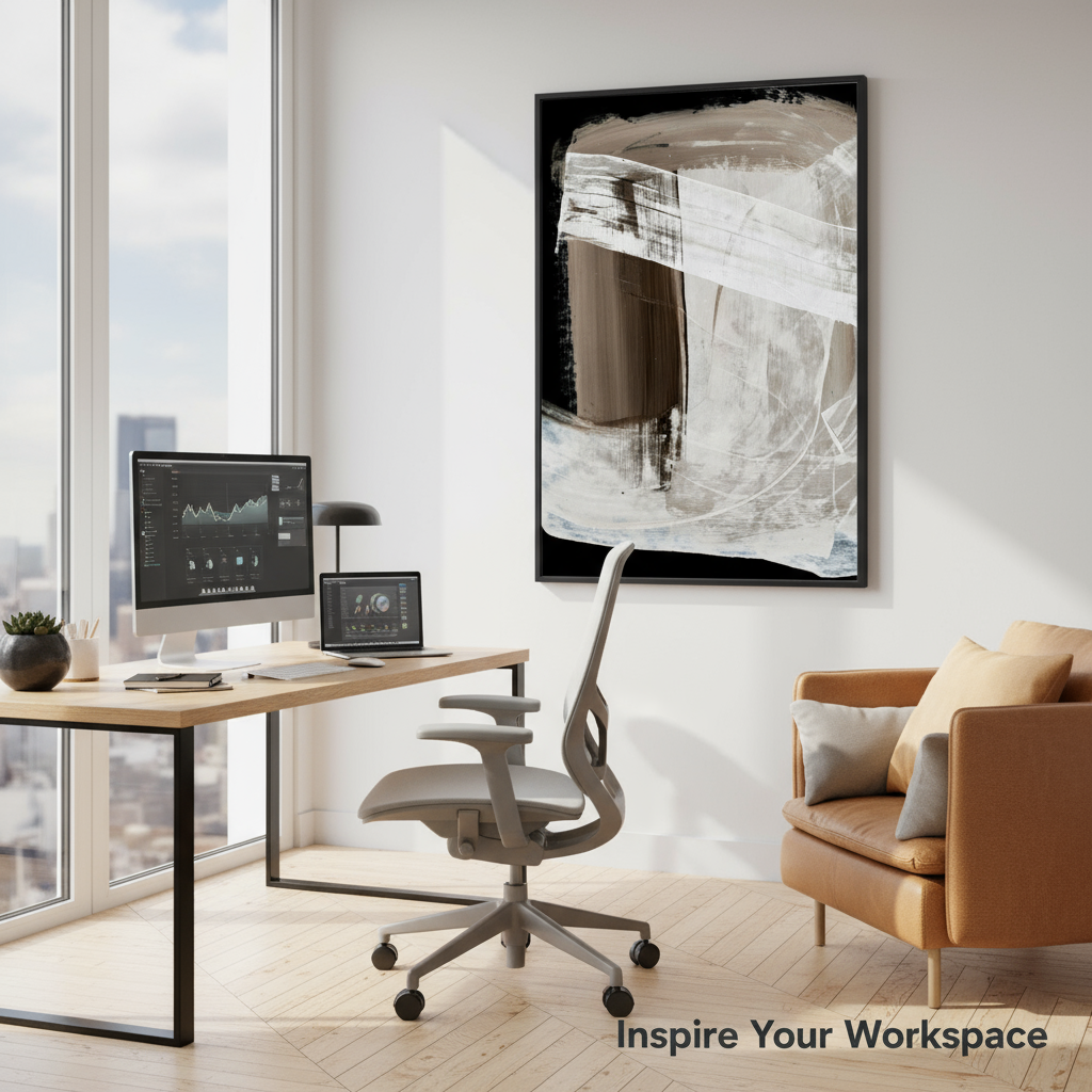 Modern office space with a desk, chair, and wall art.