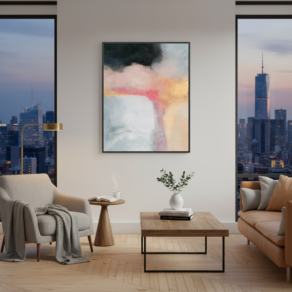 Modern living room with a cityscape view, abstract art, and furniture.