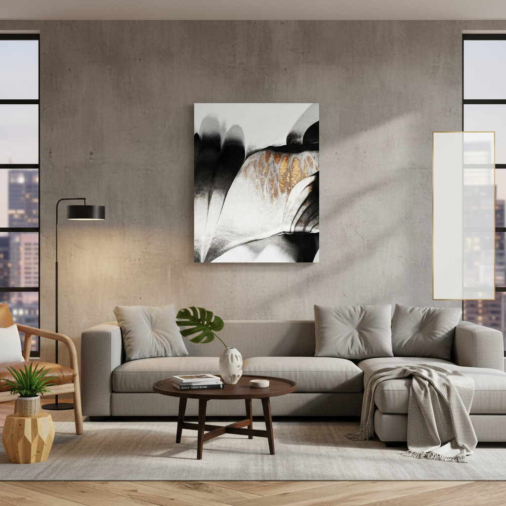 Modern living room with a gray sofa, coffee table, and abstract wall art.
