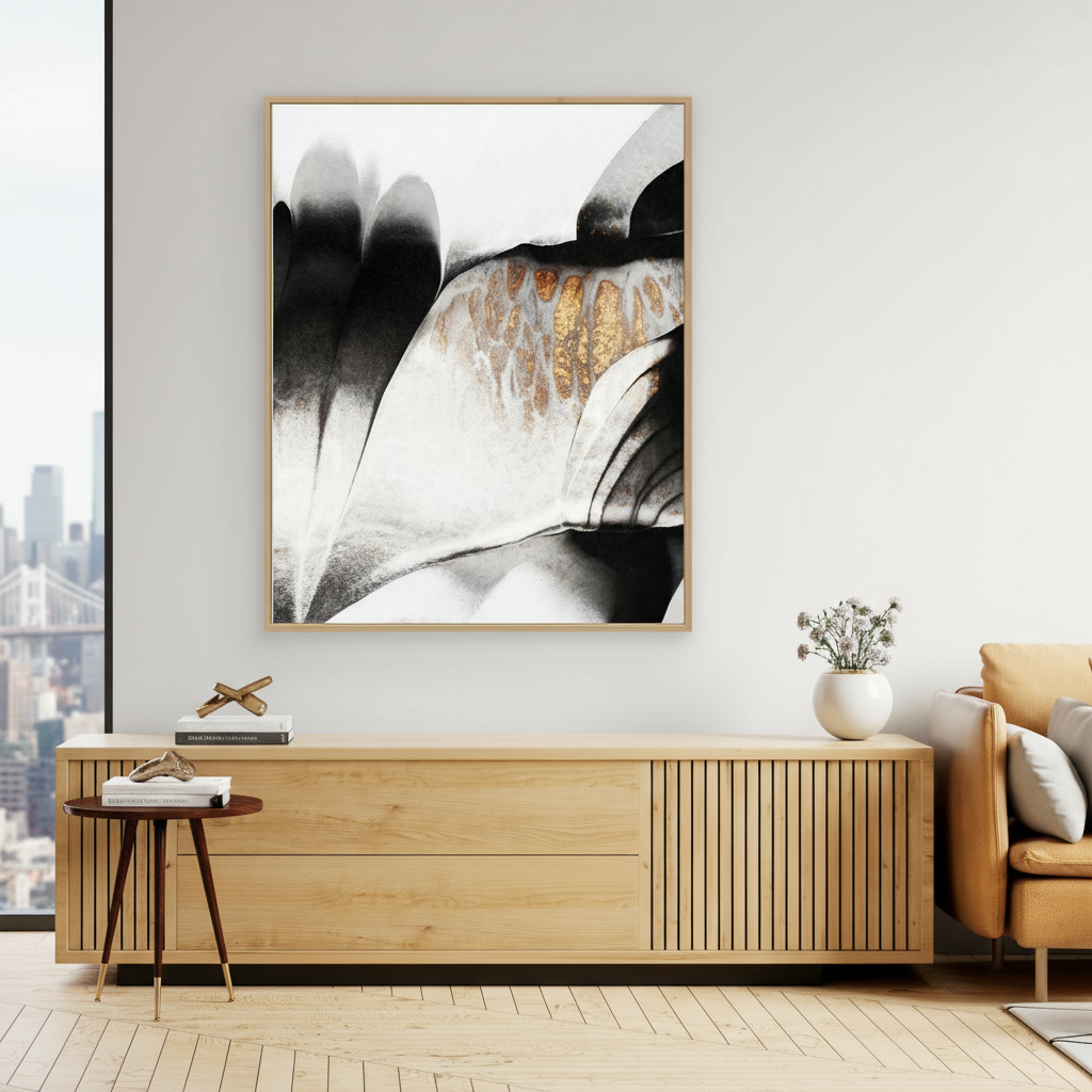 Modern living room with abstract art, wooden cabinet, and cityscape view