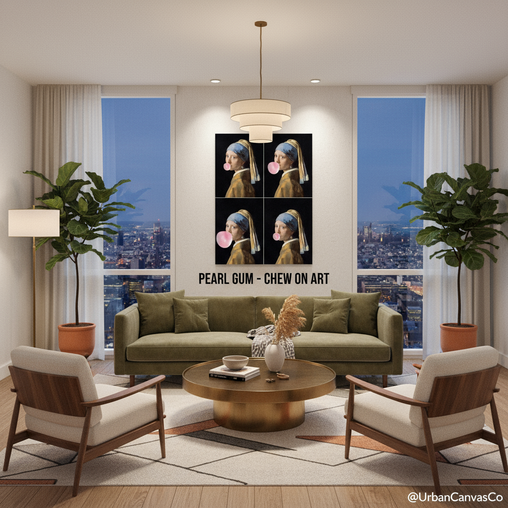 Modern living room with a green sofa, wooden chairs, and a cityscape view.