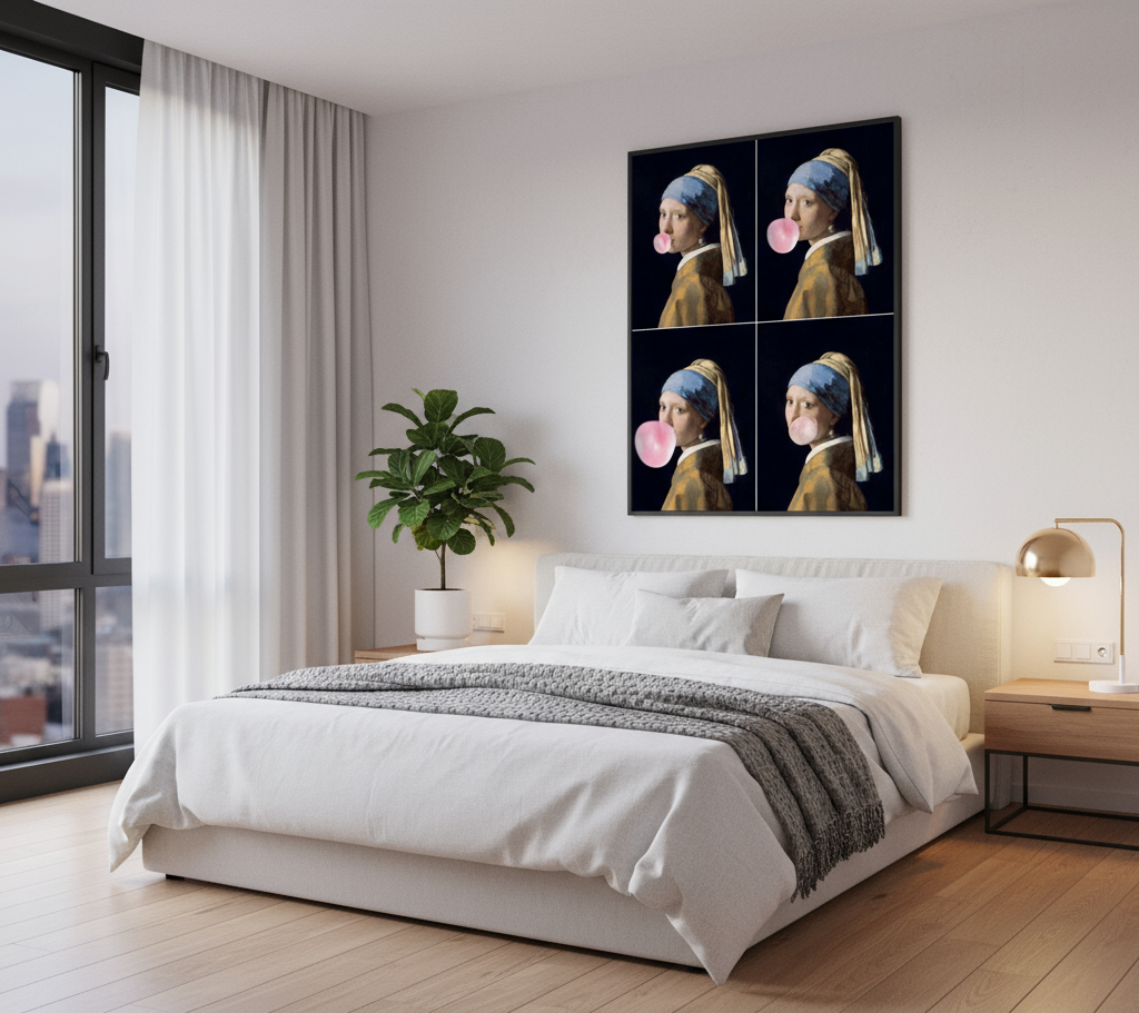 Modern bedroom with a bed, nightstands, and a large wall art piece.