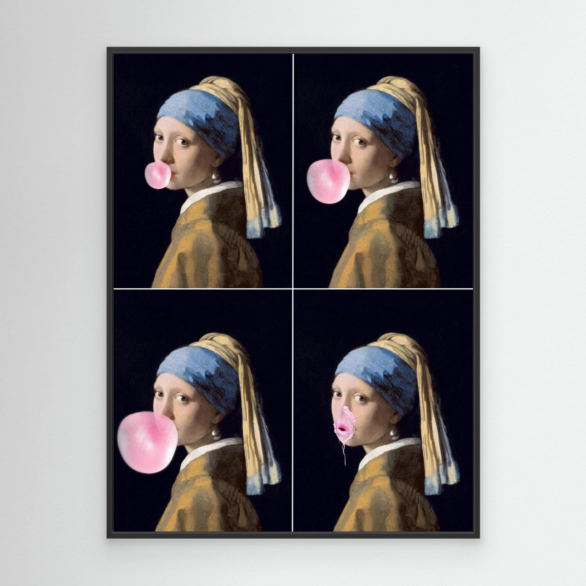 Four-panel artwork of a woman with a pearl earring blowing bubble gum on a white wall.