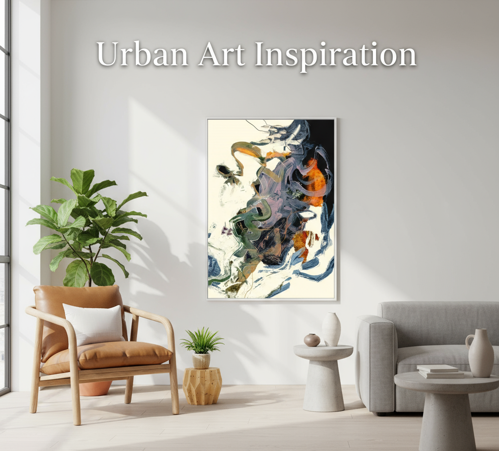 Modern living room with abstract art on the wall, chair, and sofa.