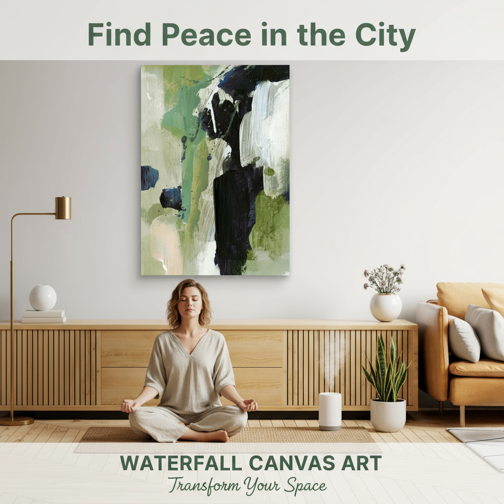 Woman meditating in a modern living room with abstract art on the wall.