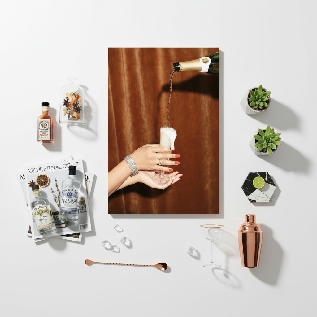 Cocktail-making setup with bottles, a shaker, and a photo of a hand holding a glass.