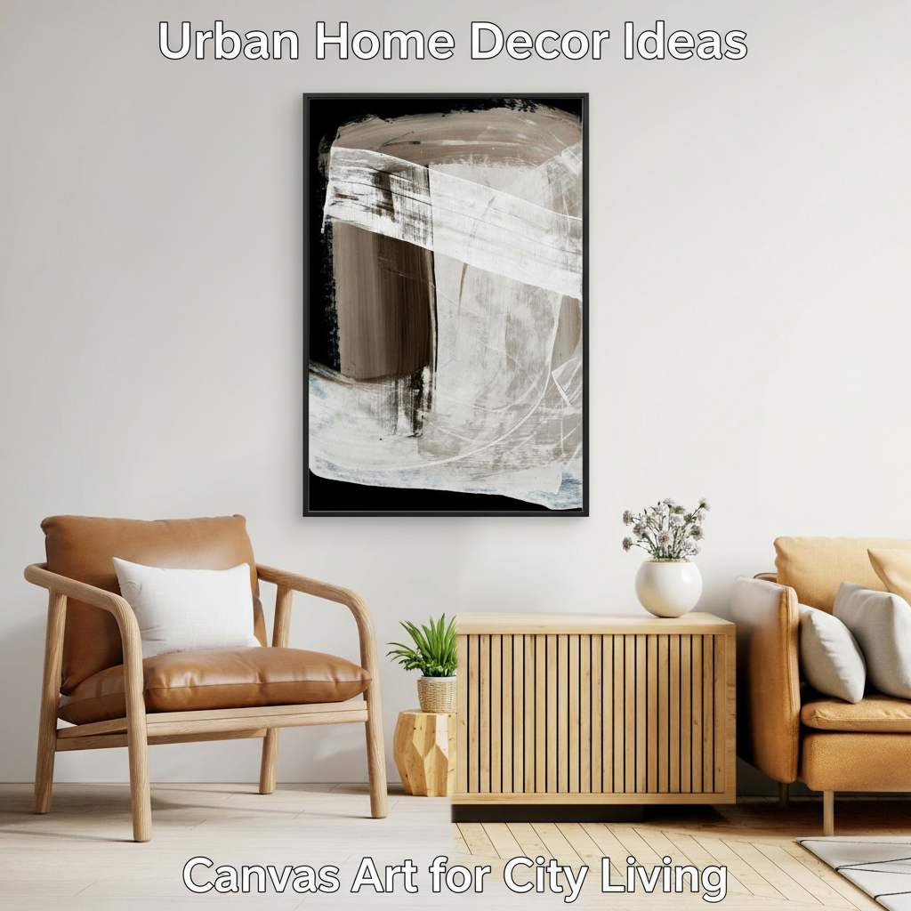 Modern living room with abstract art, brown armchair, and wooden coffee table.