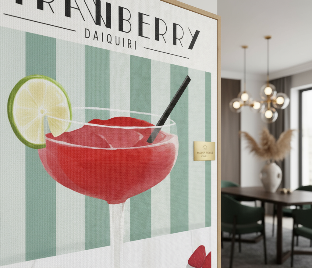 Decorative panel with a strawberry daiquiri illustration in a modern room.