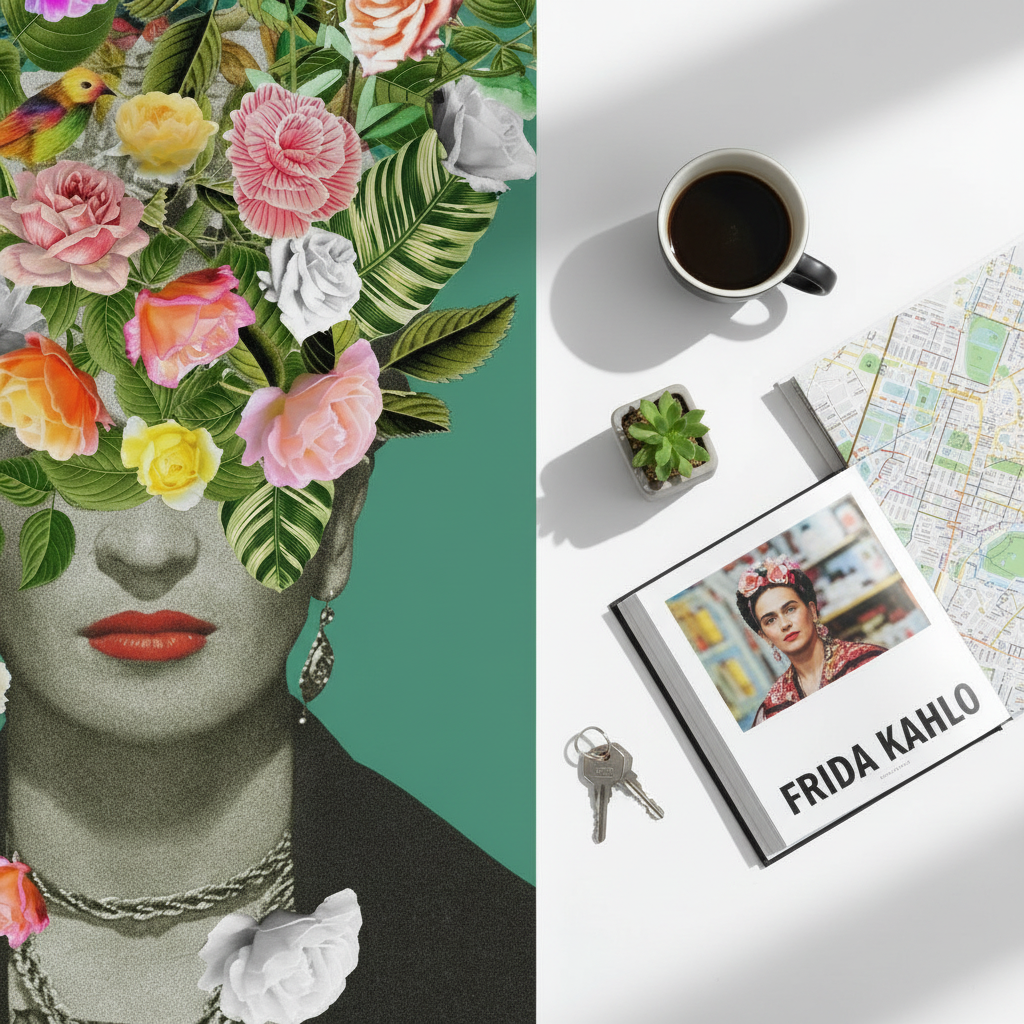 Floral Frida canvas art print as centerpiece of gallery wall in contemporary urban living room
