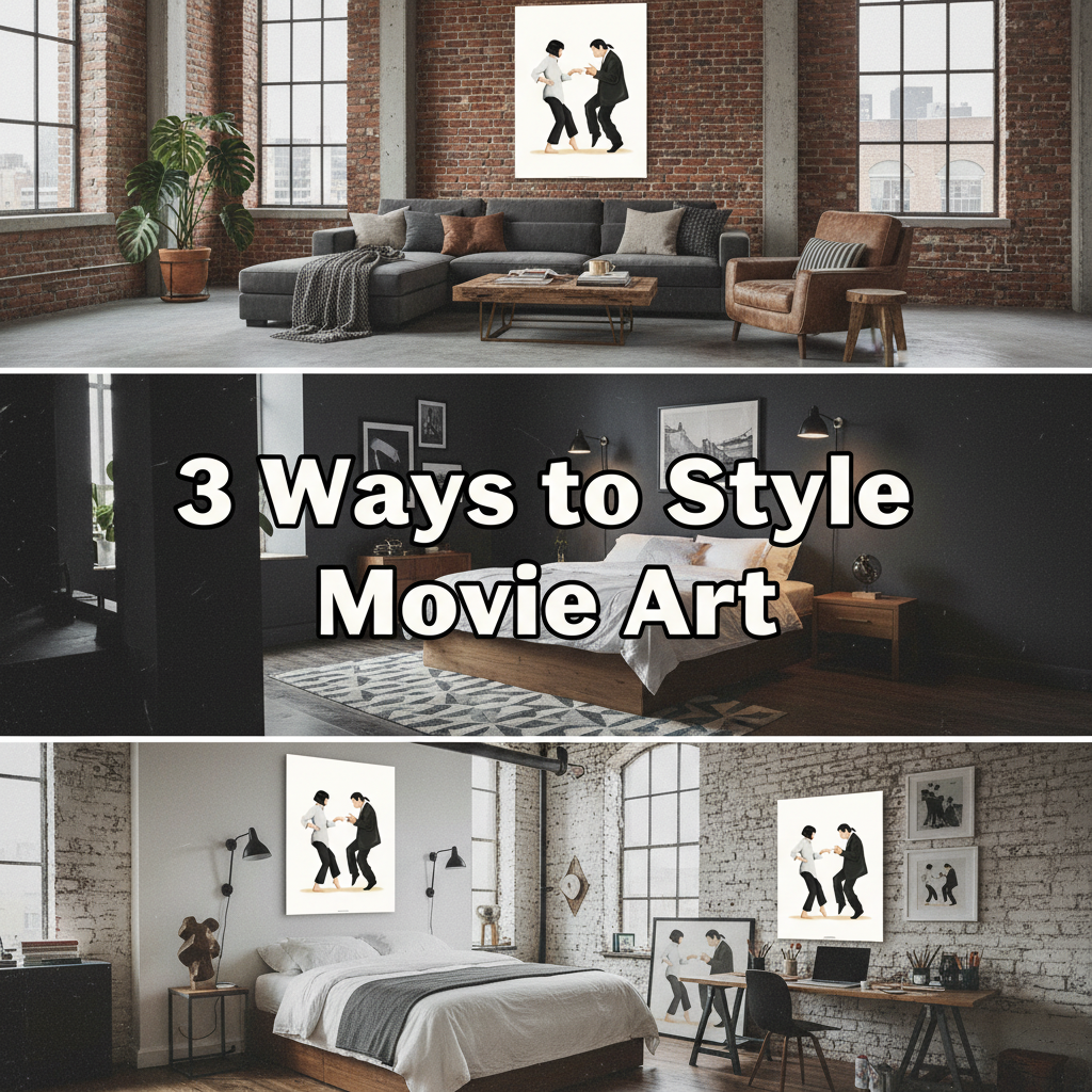 Pulp Fiction canvas art print styled three ways in urban interiors - loft living room, modern bedroom, and creative studio

