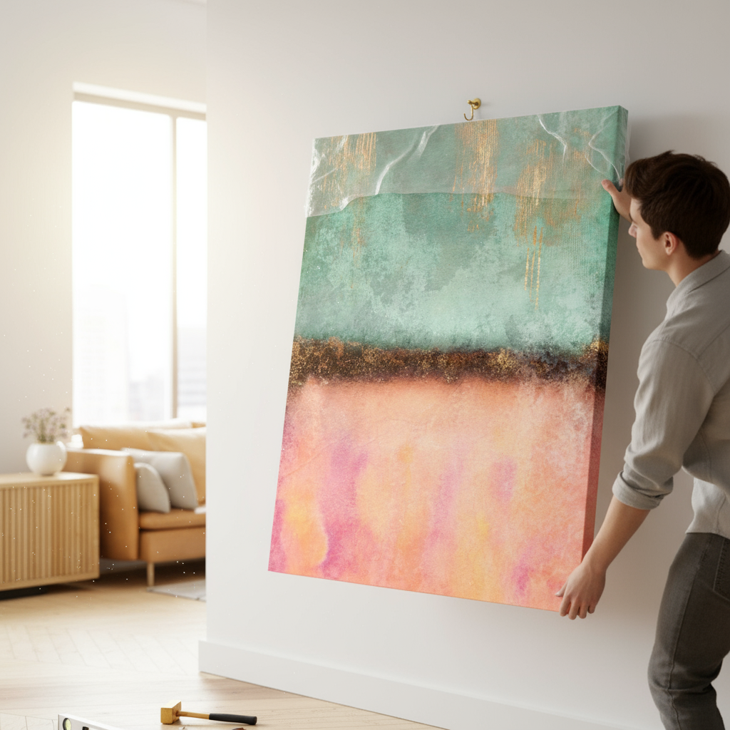 Person hanging a large abstract painting on a wall in a living room.