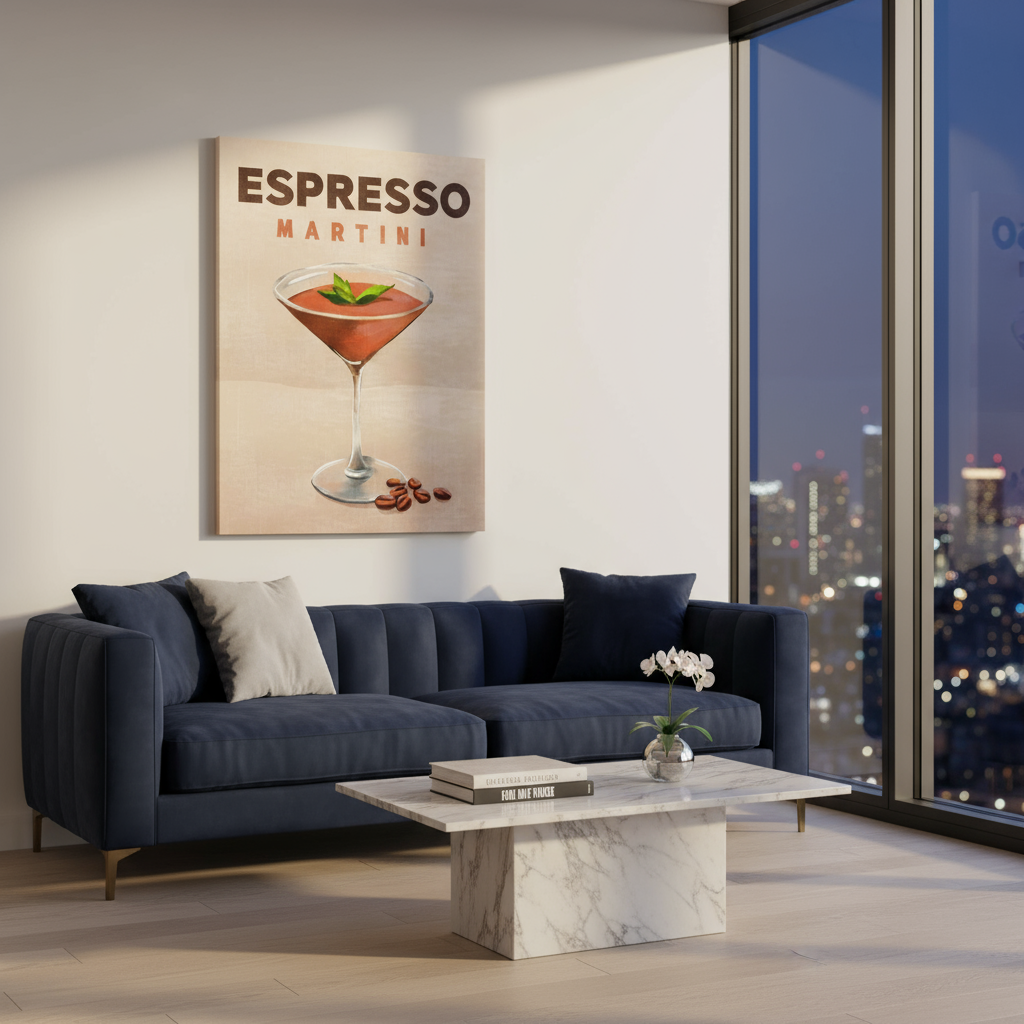 Modern living room with a blue sofa, marble coffee table, and 'Espresso Martini' poster.