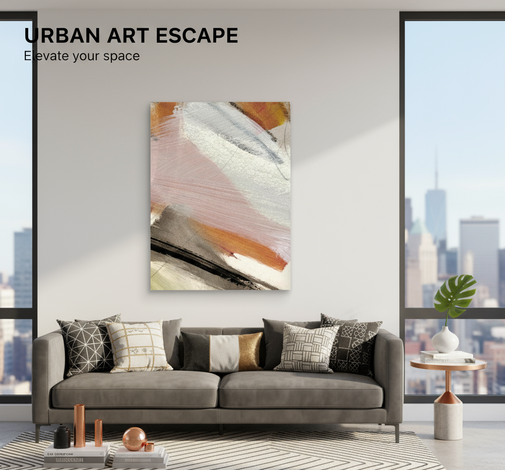 Living room with a grey sofa, abstract painting, and cityscape view.