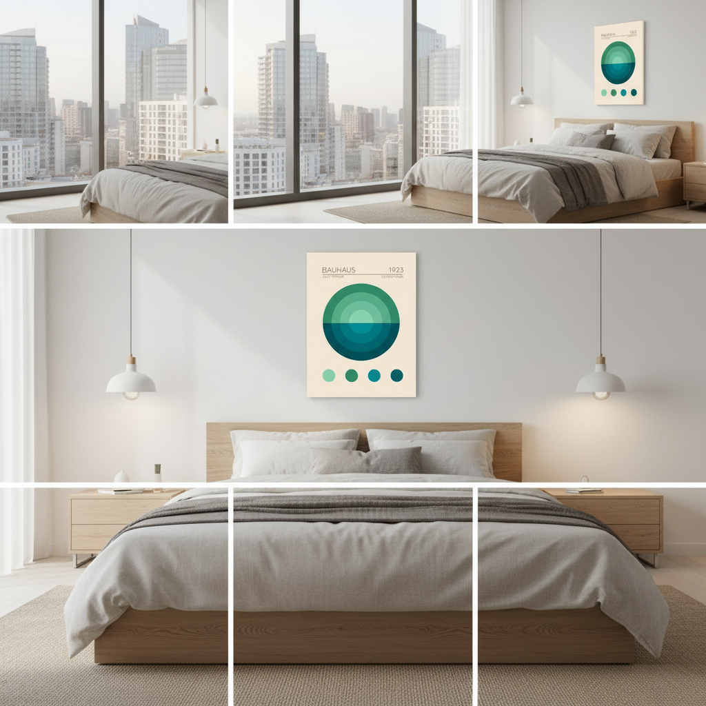 Bauhaus Mavi Daire canvas art print above bed in minimalist urban bedroom with neutral decor
