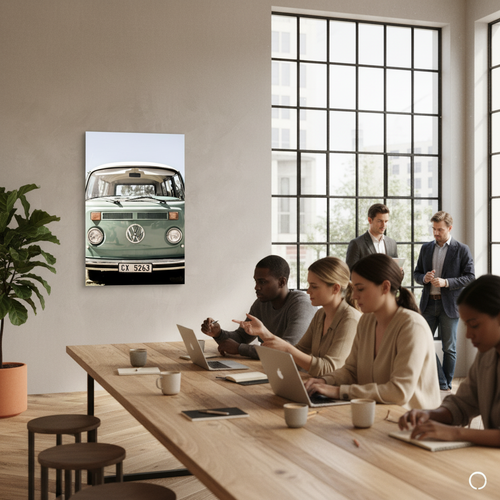 Vw Kombi canvas art print in trendy coffee shop setting with natural light and modern furniture