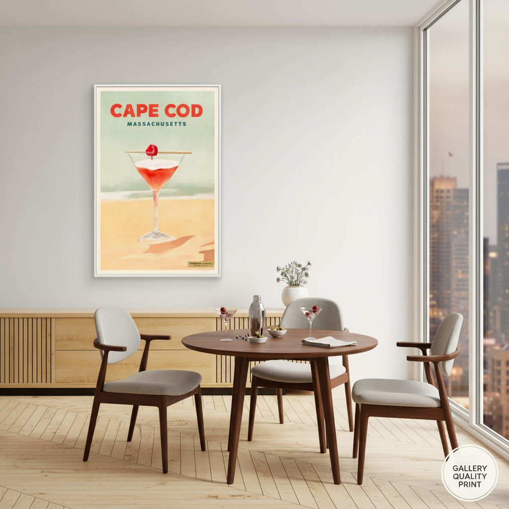 Dining room with a 'Cape Cod' print on the wall, featuring a cocktail illustration.