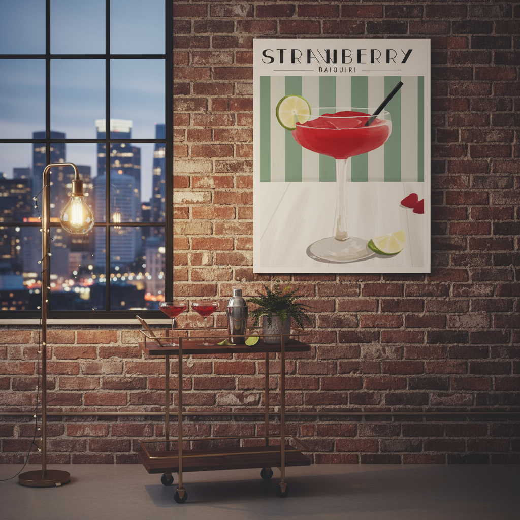 Print of a strawberry daiquiri on a brick wall with a cityscape view.