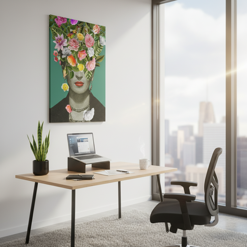 Floral Frida canvas art print in cozy urban bedroom with bohemian decor and string lights
