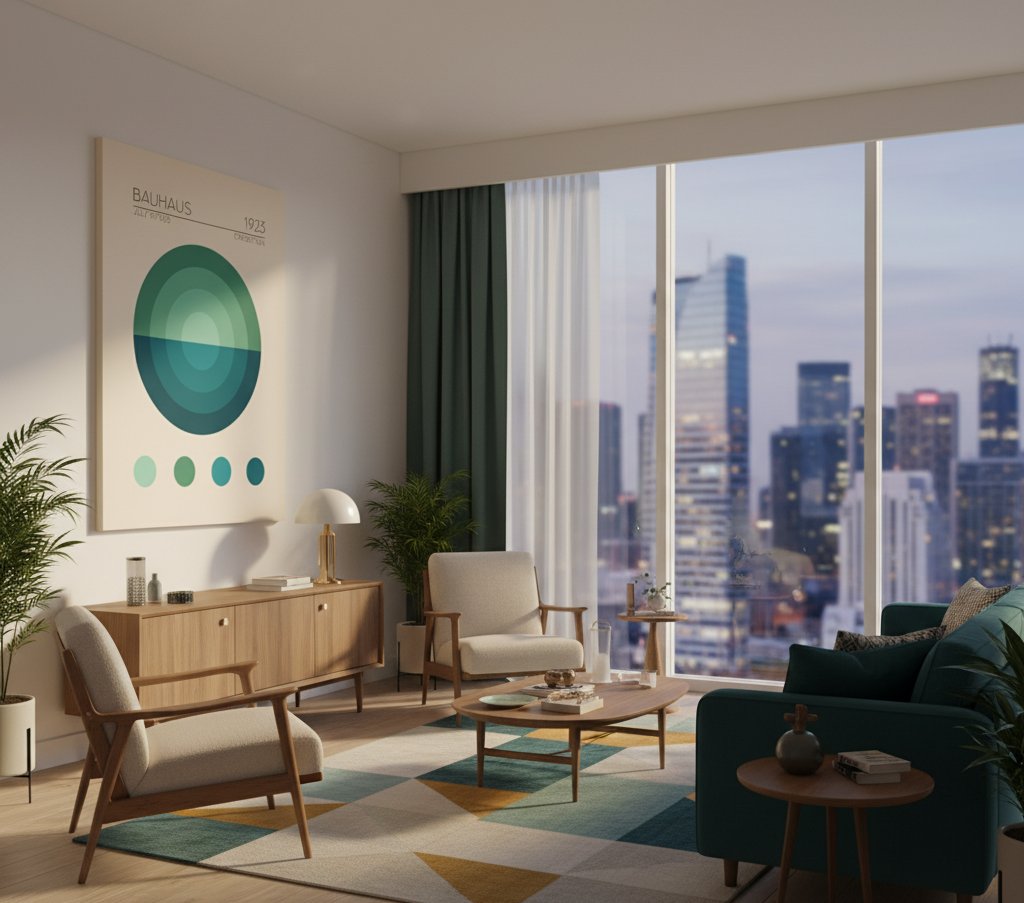 Bauhaus Mavi Daire canvas art print in chic urban living room with mid-century modern furniture and city views
