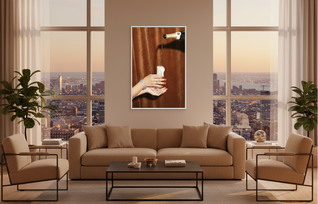 Modern living room with a cityscape view, beige sofa, and decorative elements.