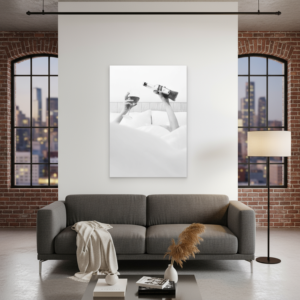 Modern living room with gray sofa, cityscape view, and abstract artwork.