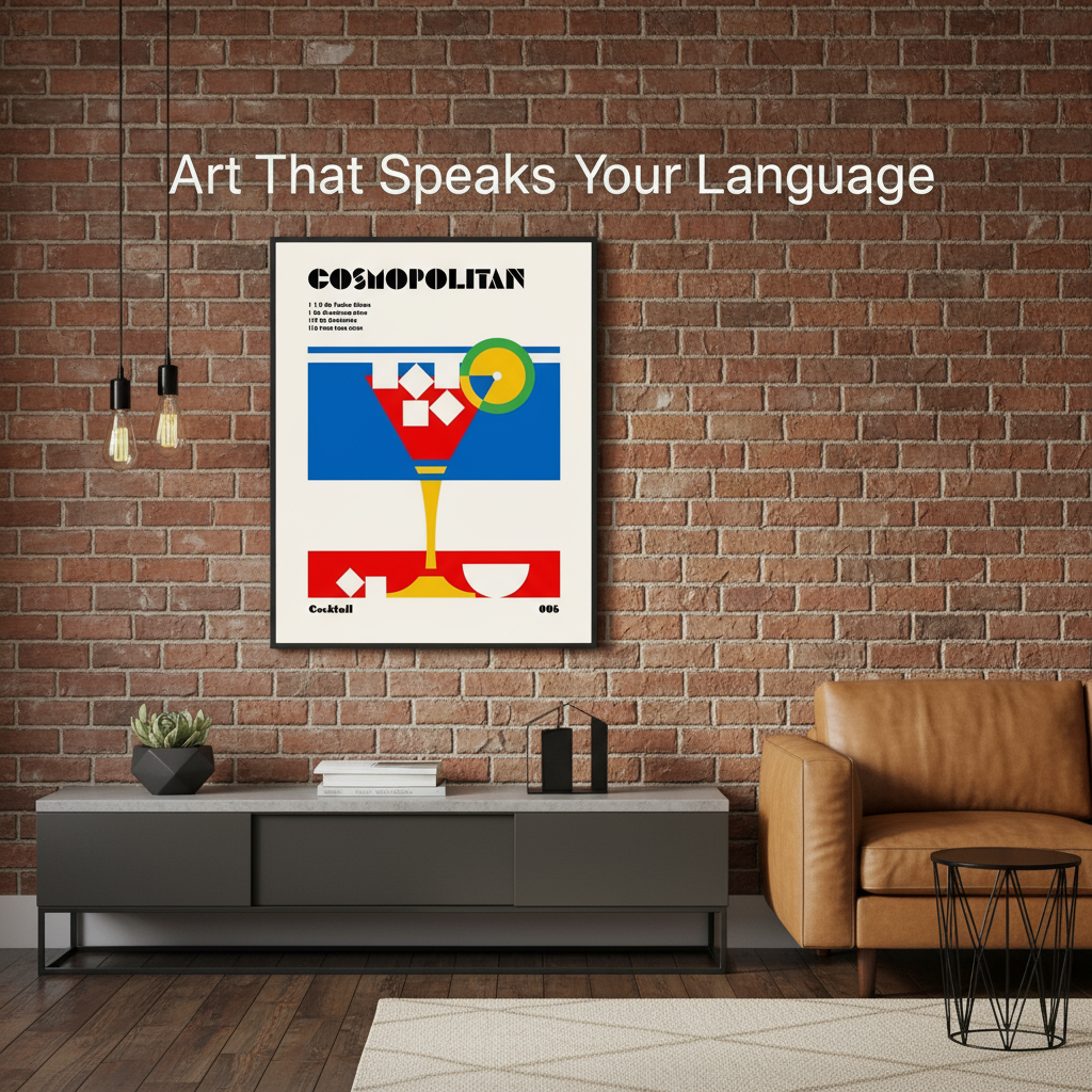 Modern living room with a 'Cosmopolitan' cocktail print  on a brick wall.