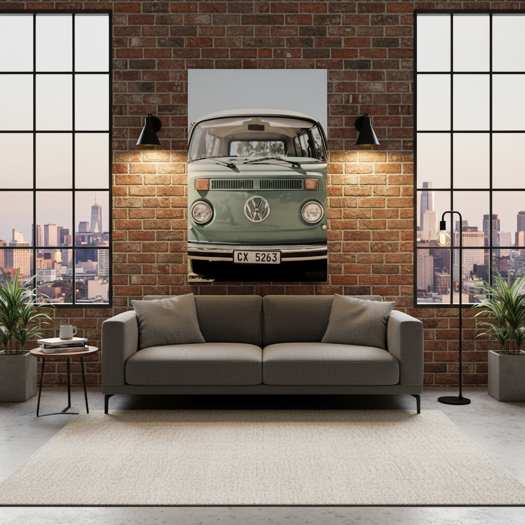 Vw Kombi canvas art print displayed on exposed brick wall in modern urban loft with industrial lighting