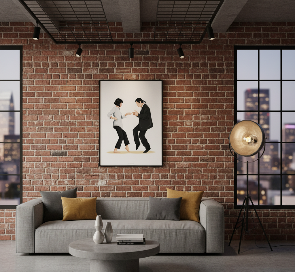 Pulp Fiction canvas art print displayed above grey sofa in modern urban loft with exposed brick walls and industrial lighting
