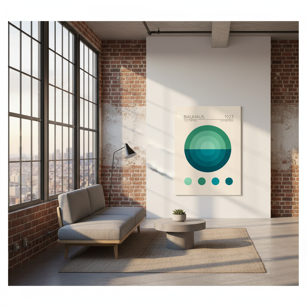 Bauhaus Mavi Daire canvas art print displayed in modern urban loft with exposed brick walls and industrial windows
