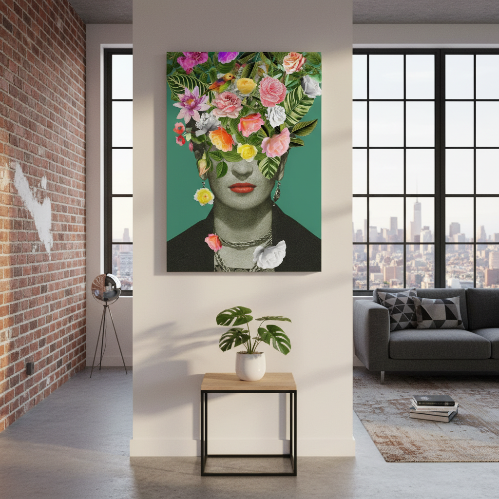 Floral Frida canvas art print hanging in modern urban loft with exposed brick walls and city skyline view
