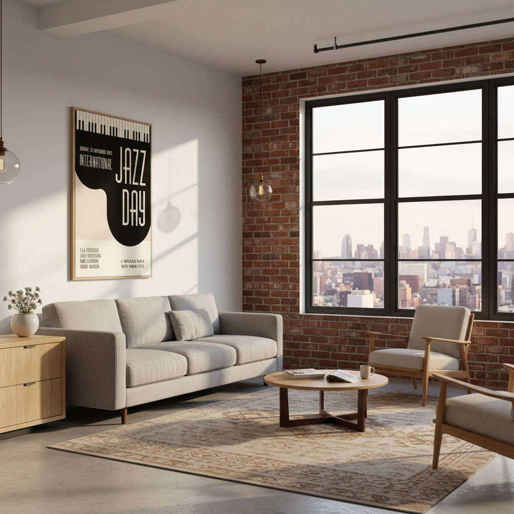 Jazzy Days canvas art print in modern urban loft with exposed brick and city views
