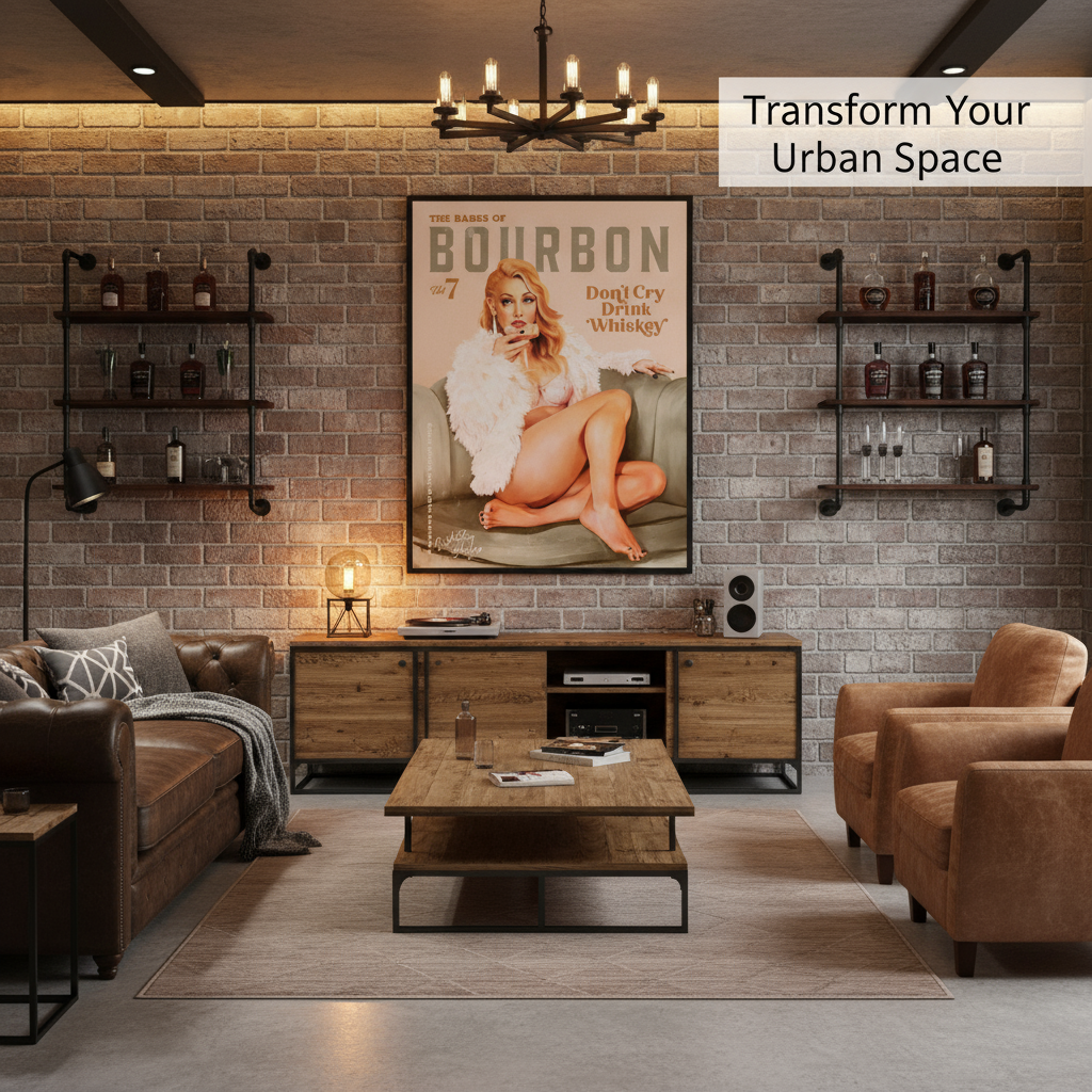 Living room with brick wall, shelves, and a vintage-style Bourbon print. 