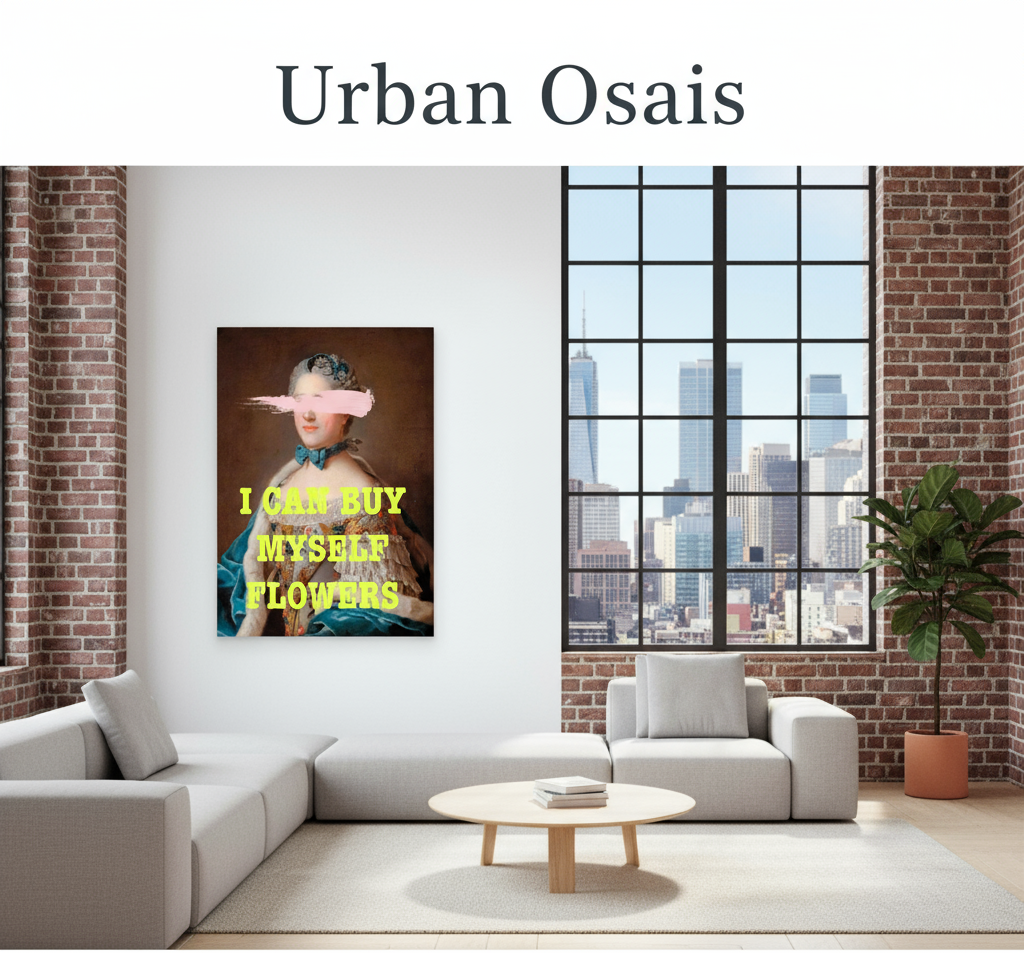 Modern living room with a cityscape view, 'Urban Osais' branding, and a quote poster.
