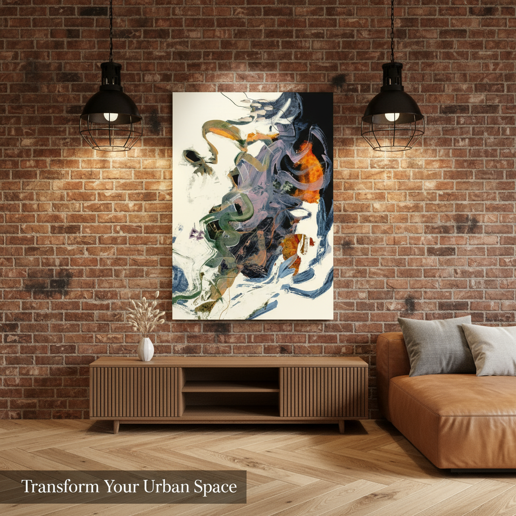 Living room with abstract painting on brick wall, wooden cabinet, and brown sofa.