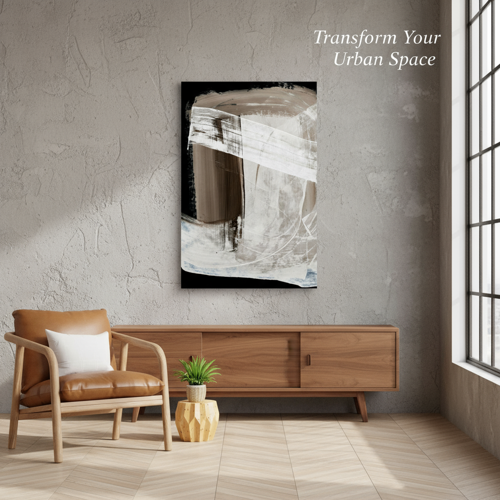 Modern living room with a brown leather chair, wooden sideboard, and abstract painting on a textured wall.