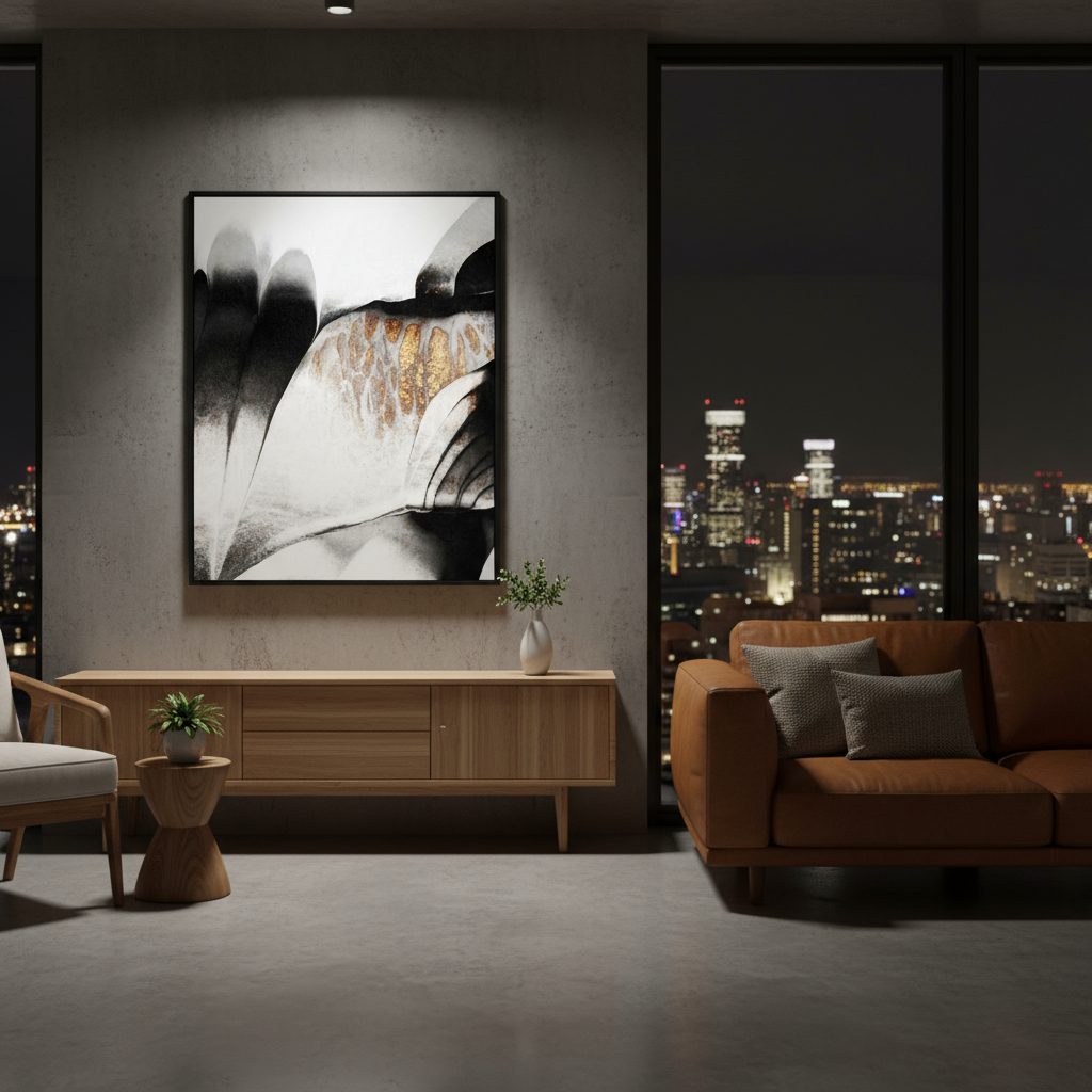 Modern living room with abstract art, cityscape view, and furniture.